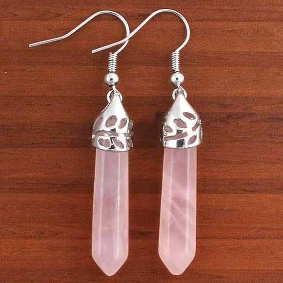 Rose Quartz Natural Stone Gemstone Hexagon Point Healing Stone Dangle Earrings - Picture 1 of 3